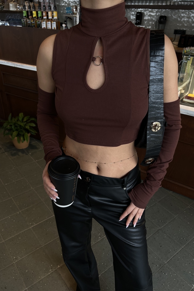 Kahverengi Pencere Detay Crop Top ATE2935
