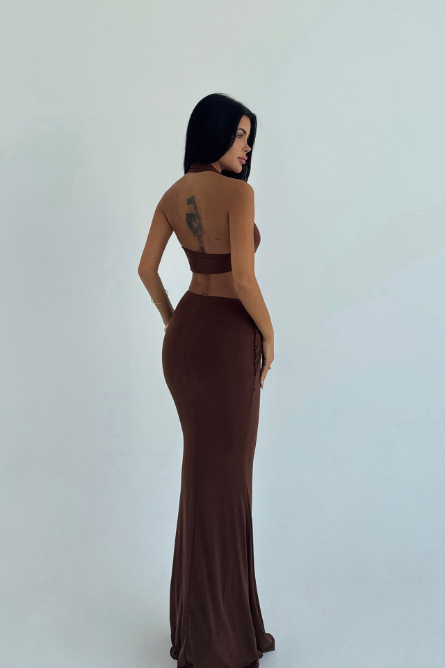 Kahverengi Seamed Uzun Elbise ATE-3493