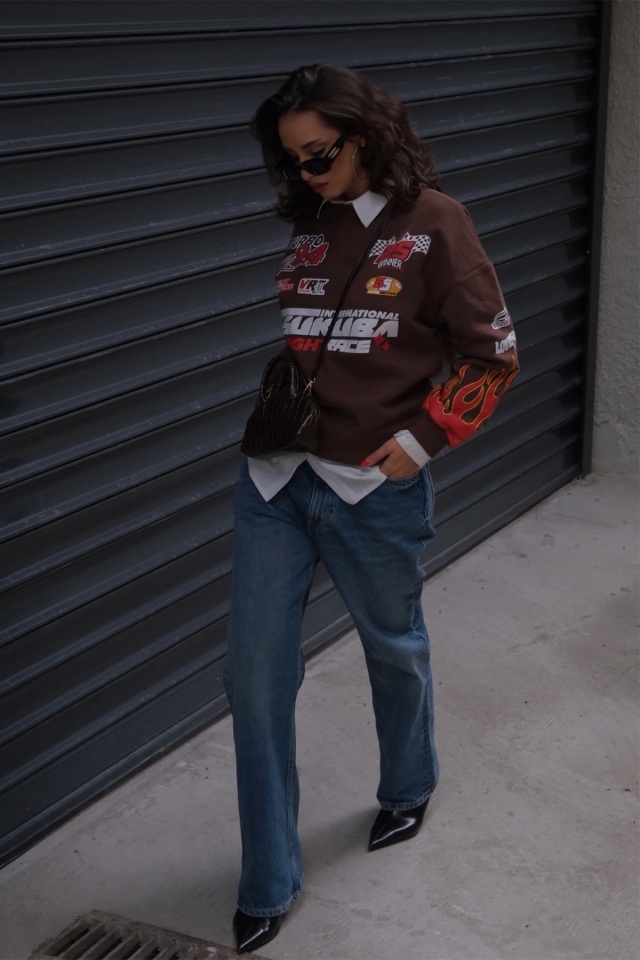 Kahverengi Racing Baskılı Sweatshirt ATE2663