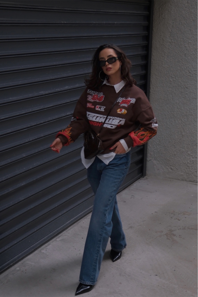 Kahverengi Racing Baskılı Sweatshirt ATE2663