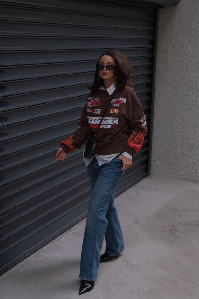 Kahverengi Racing Baskılı Sweatshirt ATE2663