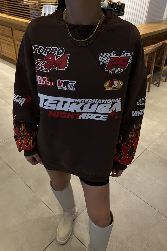 Kahverengi Racing Baskılı Sweatshirt ATE2951