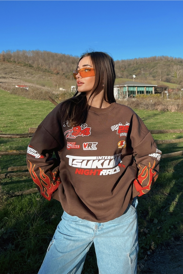 Kahverengi Racing Baskılı Sweatshirt ATE2951