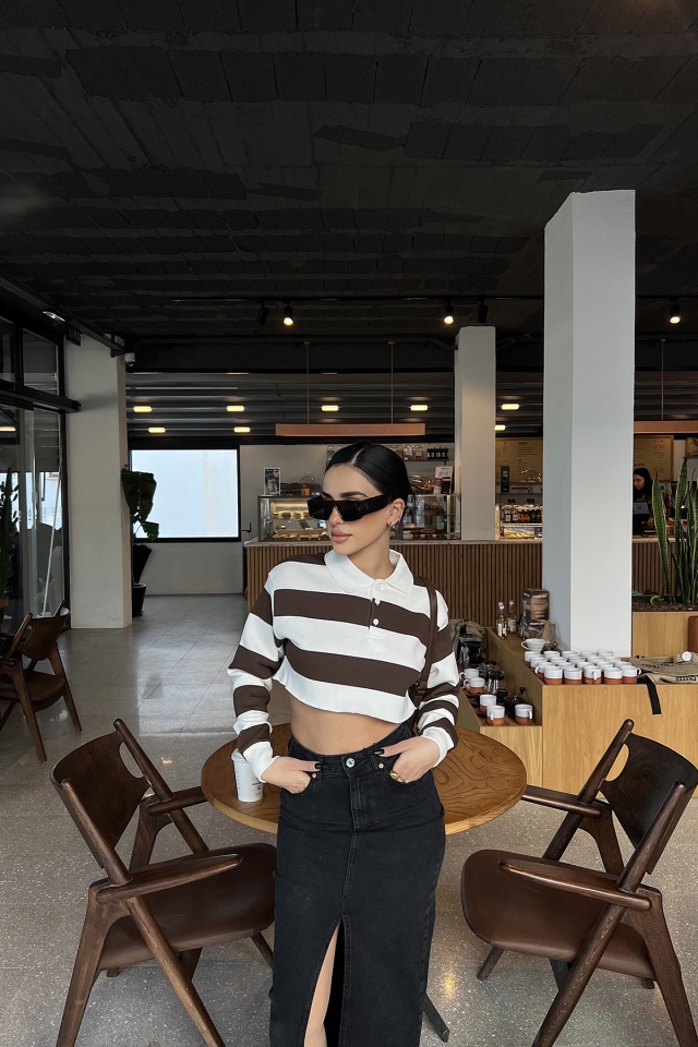 Kahverengi Şerit Detay Crop Top ATE4002
