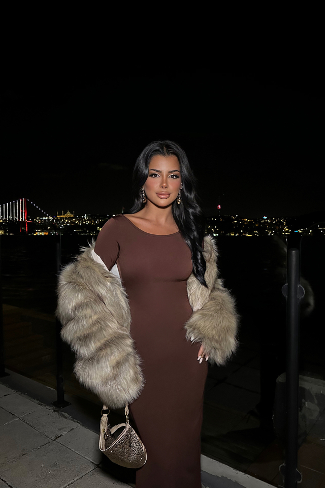 Kahverengi Uzun Kol Elbise ATE8504