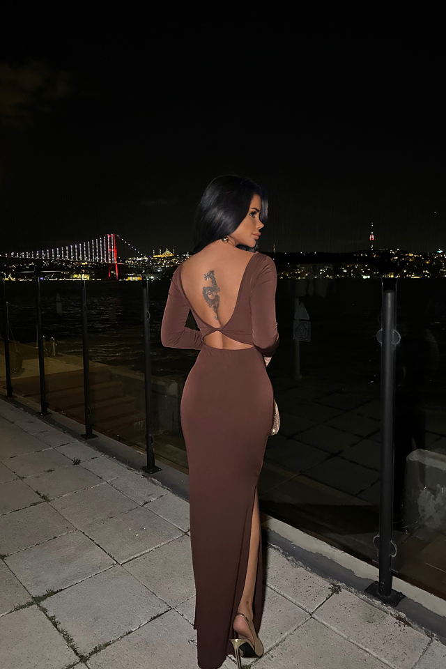 Kahverengi Uzun Kol Elbise ATE8504