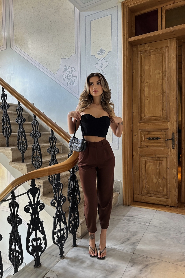Kahverengi Yüksek Bel Mom Pantolon ATE6301