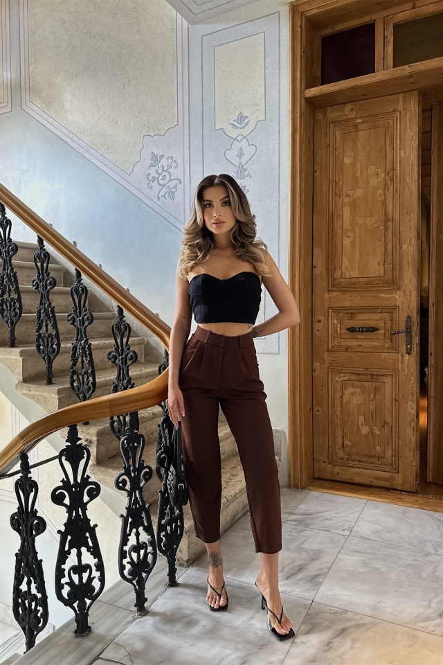 Kahverengi Yüksek Bel Mom Pantolon ATE6301