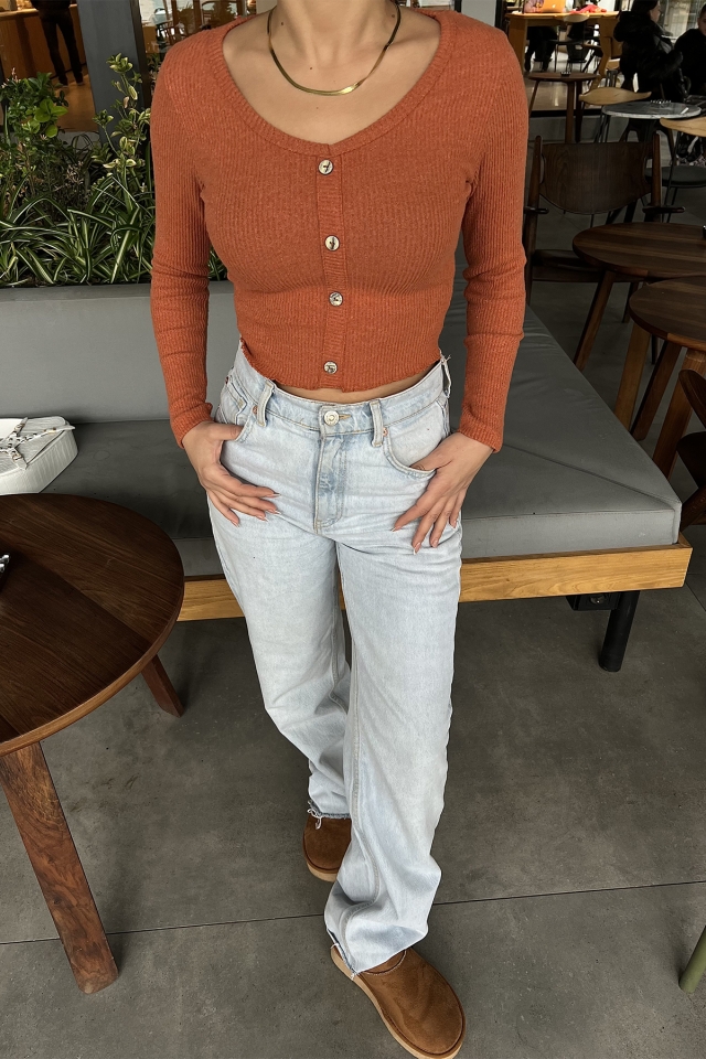 Kiremit Düğme Detay Crop Top ATE2833