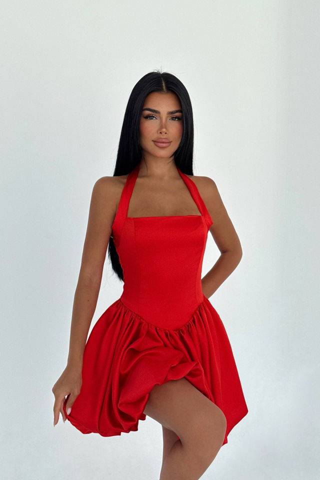 Kırmızı Estella Mini Etek Ucu Balon Elbise ATE-3342