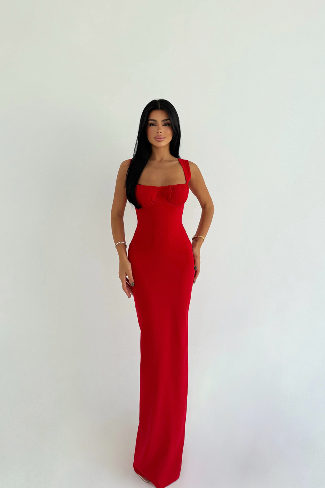 Kırmızı Shawly Uzun Elbise ATE-3470 - EYYO