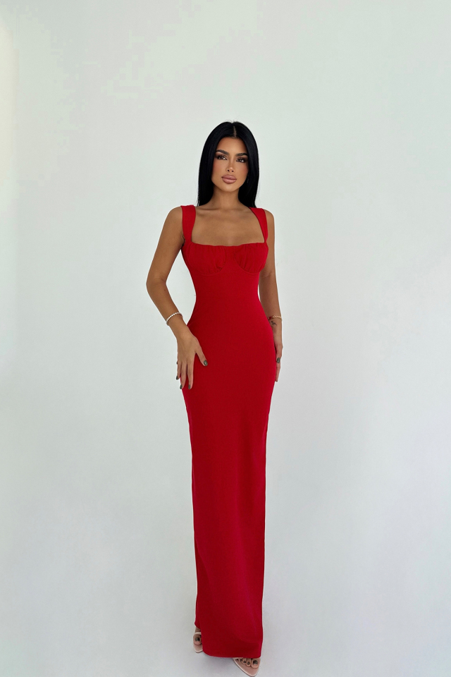 Kırmızı Shawly Uzun Elbise ATE-3470