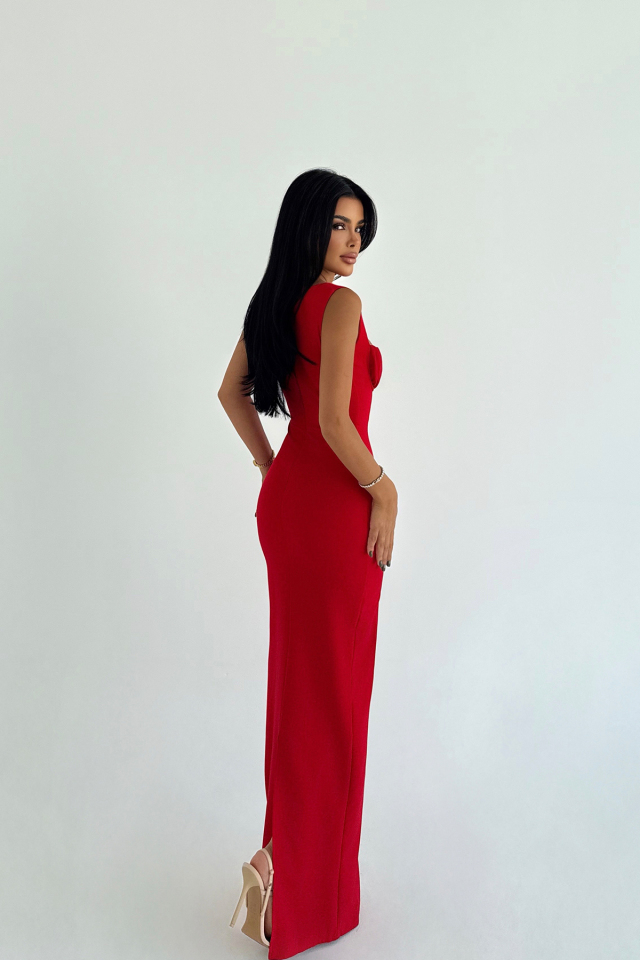 Kırmızı Shawly Uzun Elbise ATE-3470