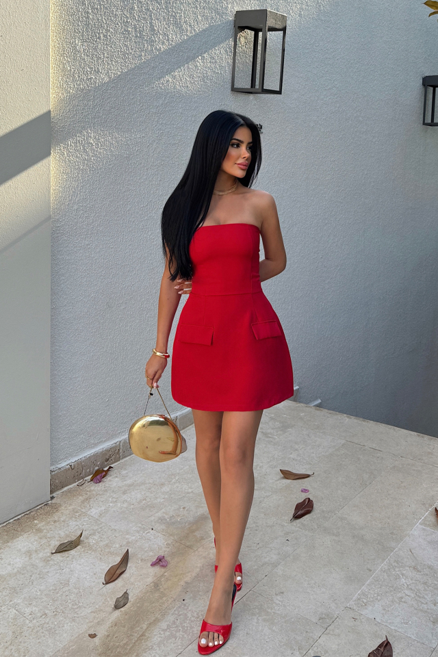 Kırmızı Belinda Straplez Mini Elbise ATE-1072