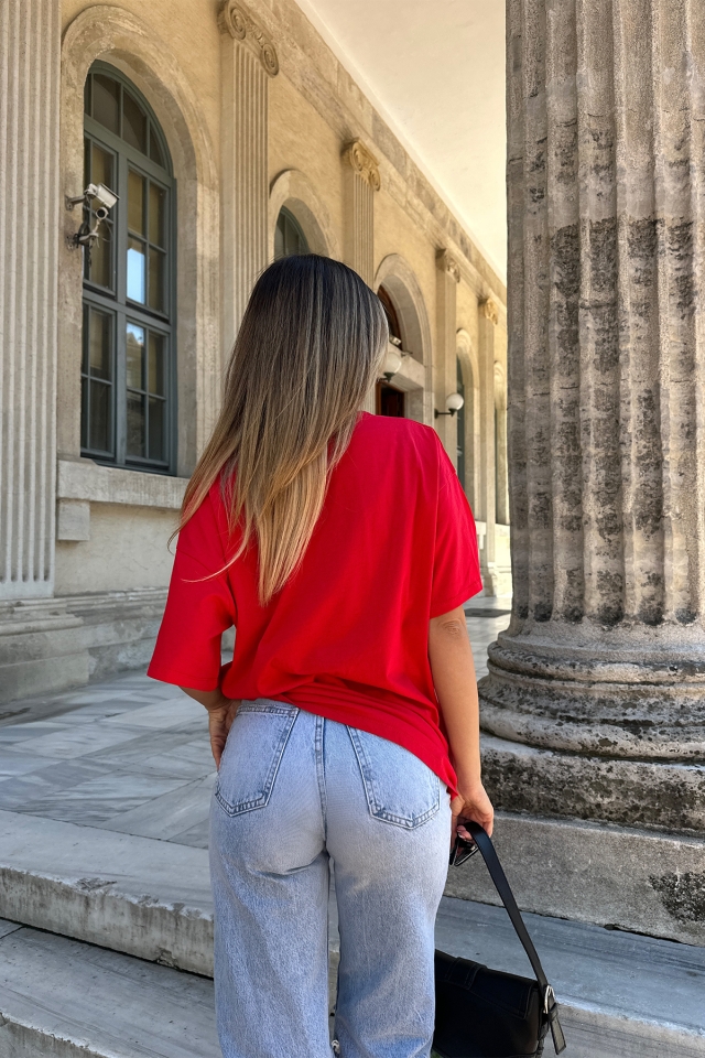 Kırmızı Broklyn Yazılı Tişört ATE5305