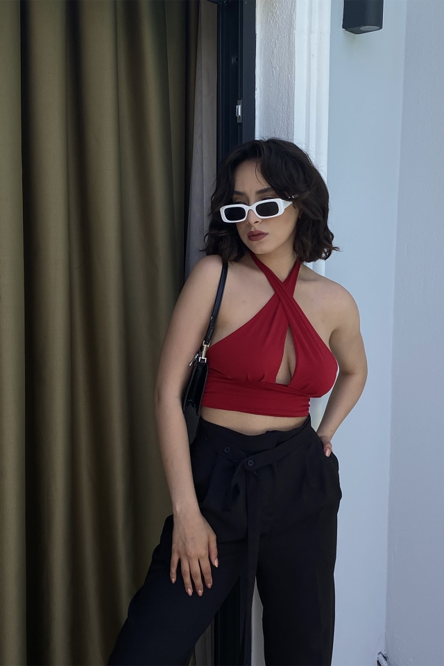 Kırmızı Çapraz Bağlamalı Crop Top ATE1373 - LEVENT
