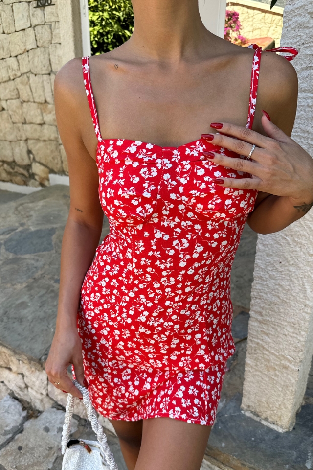 Kırmızı Çiçekli Mini Elbise ATE7783