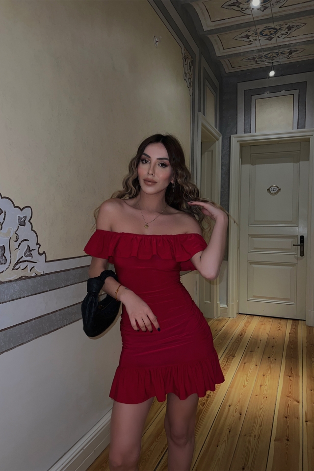 Kırmızı Düşük Kol Mini Elbise ATE3605