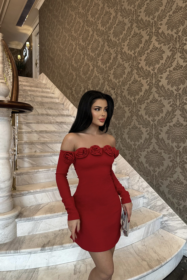 Rose Kırmızı Güllü Mini Elbise ATE-0839 - EYYO
