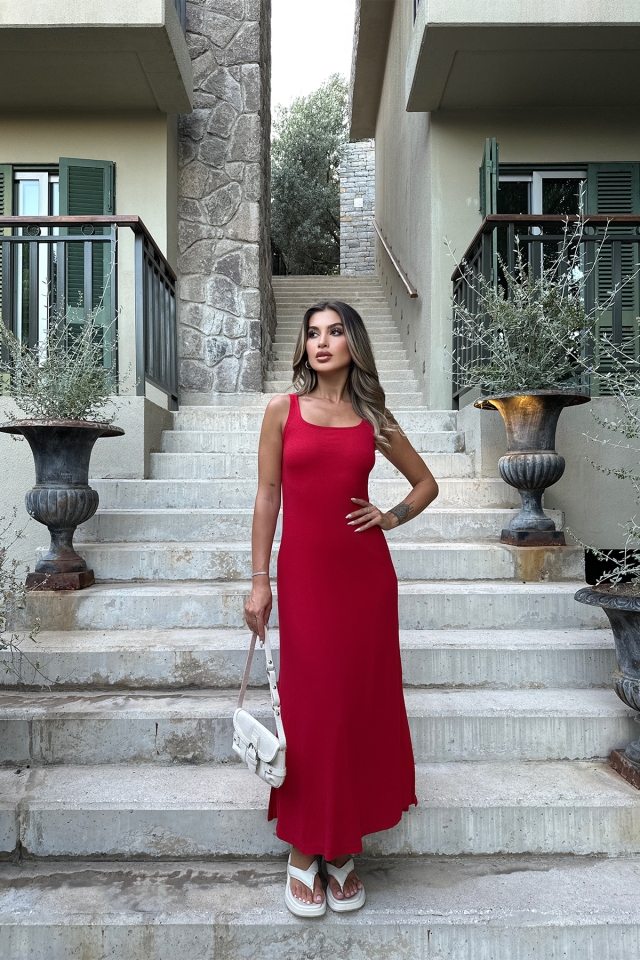 Kırmızı Kare Yaka Uzun Elbise ATE7348