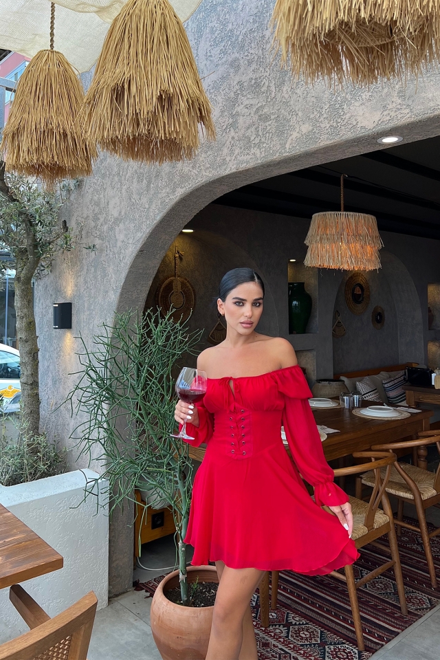 Kırmızı Önden Bağlamalı Mini Elbise ATE1904