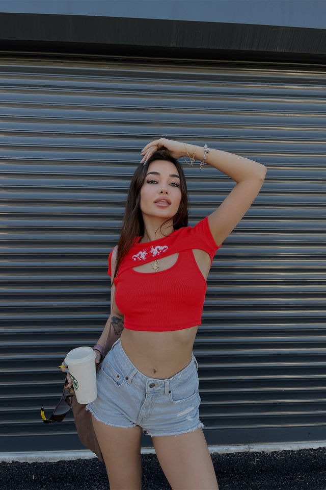 Kırmızı Önü Baskılı Crop Top ATE4962