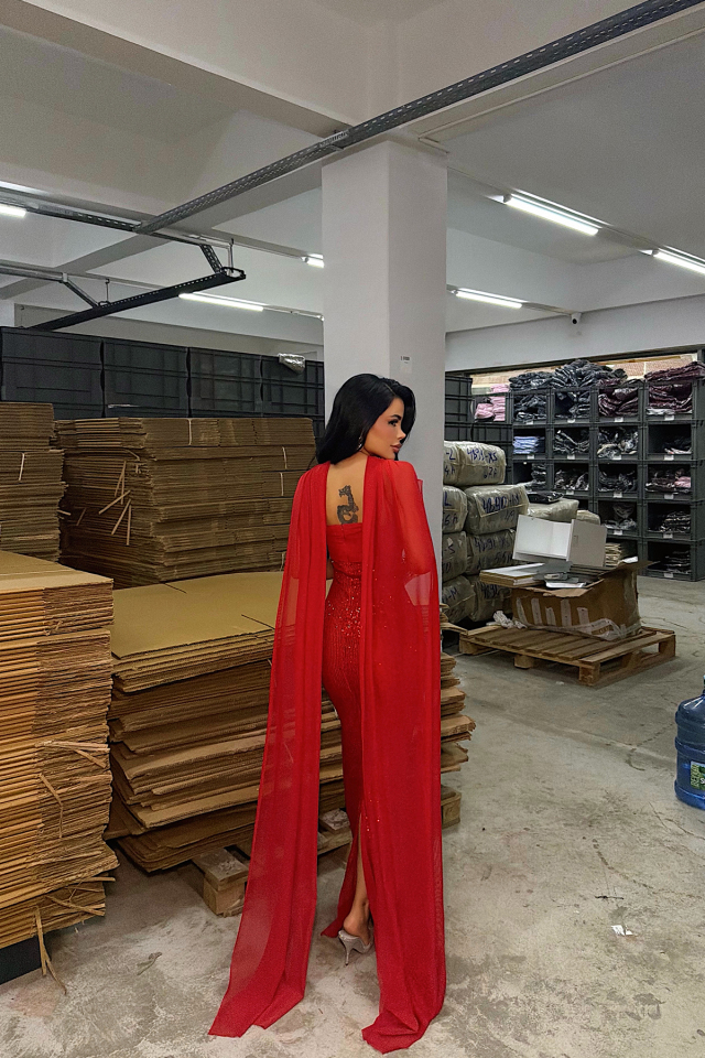 Kırmızı Plunge Payetli Uzun Elbise ATE-4793