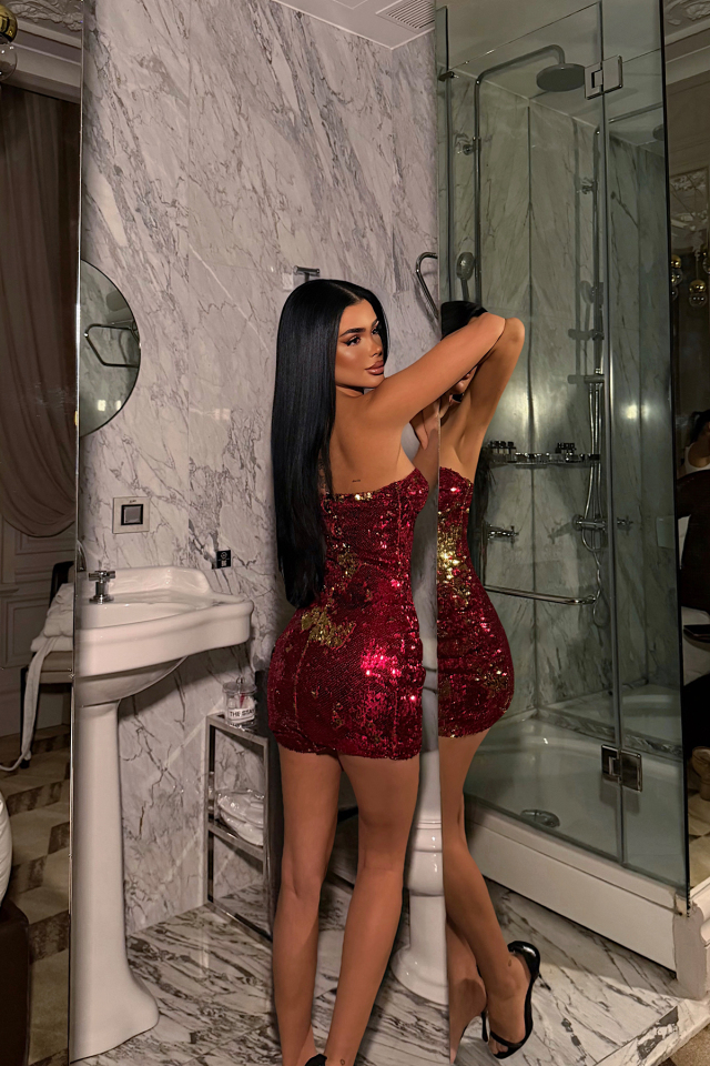 Kırmızı Florianne Çift Payet Renkli Mini Elbise ATE-4565