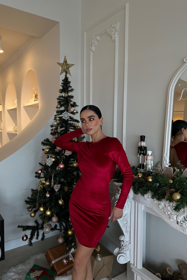 Kırmızı Sırt Detay Pencereli Elbise ATE2879