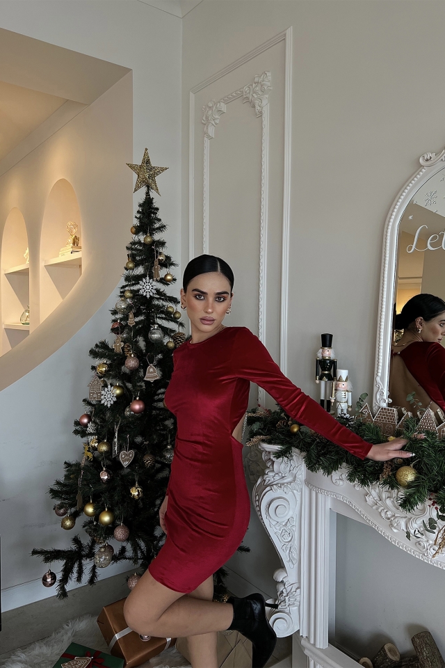 Kırmızı Sırt Detay Pencereli Elbise ATE2879