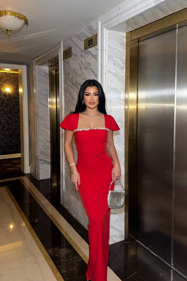 Kırmızı Taş Detay Uzun Elbise ATE-0841 - EYYO