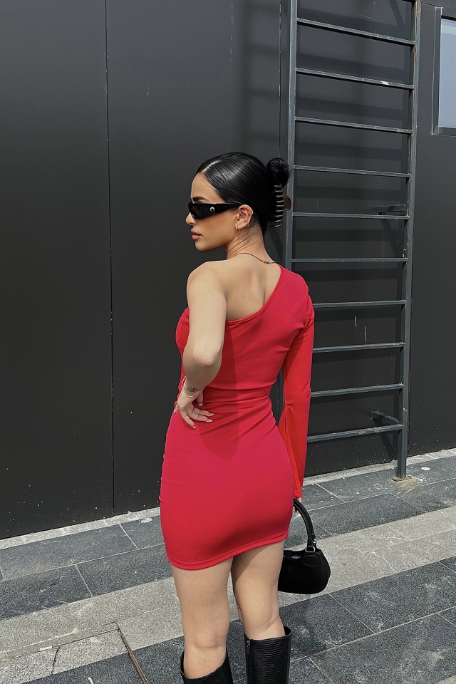 Kırmızı Tek Kol Mini Elbise ATE4775