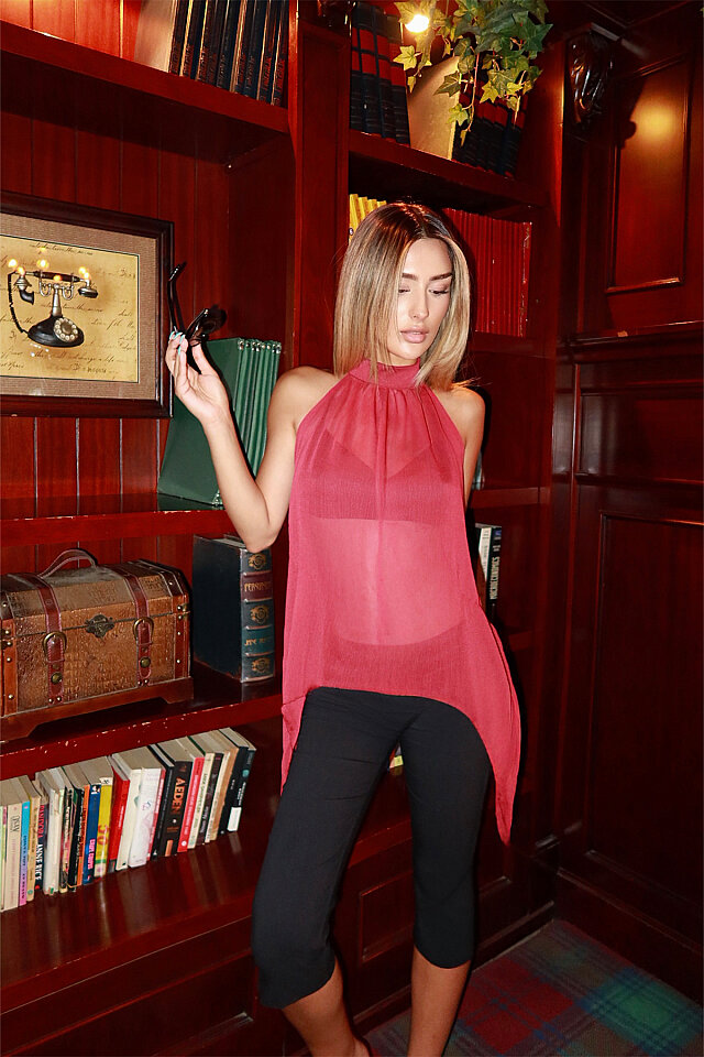 Kırmızı Tül Detay Crop Top 