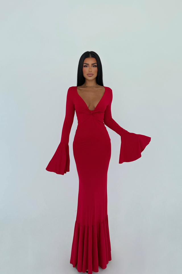 Kırmızı Lai Uzun Elbise ATE-3095