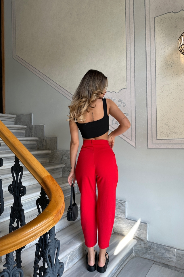Kırmızı Yüksek Bel Mom Pantolon ATE6293