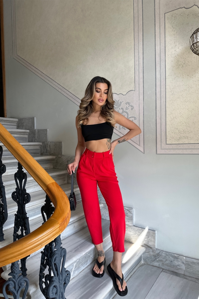 Kırmızı Yüksek Bel Mom Pantolon ATE6293