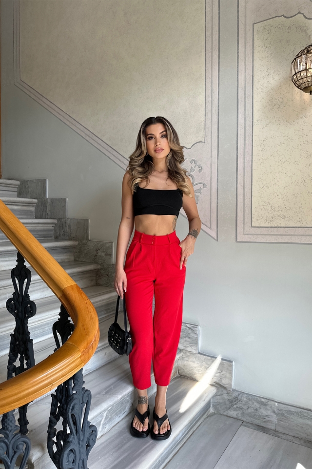 Kırmızı Yüksek Bel Mom Pantolon ATE6293