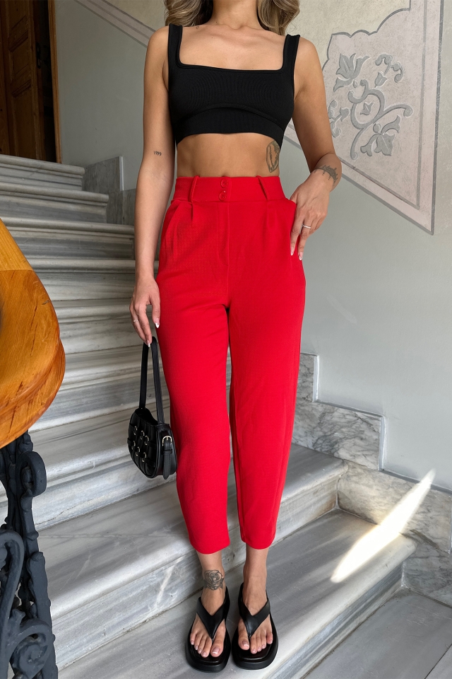 Kırmızı Yüksek Bel Mom Pantolon ATE6293