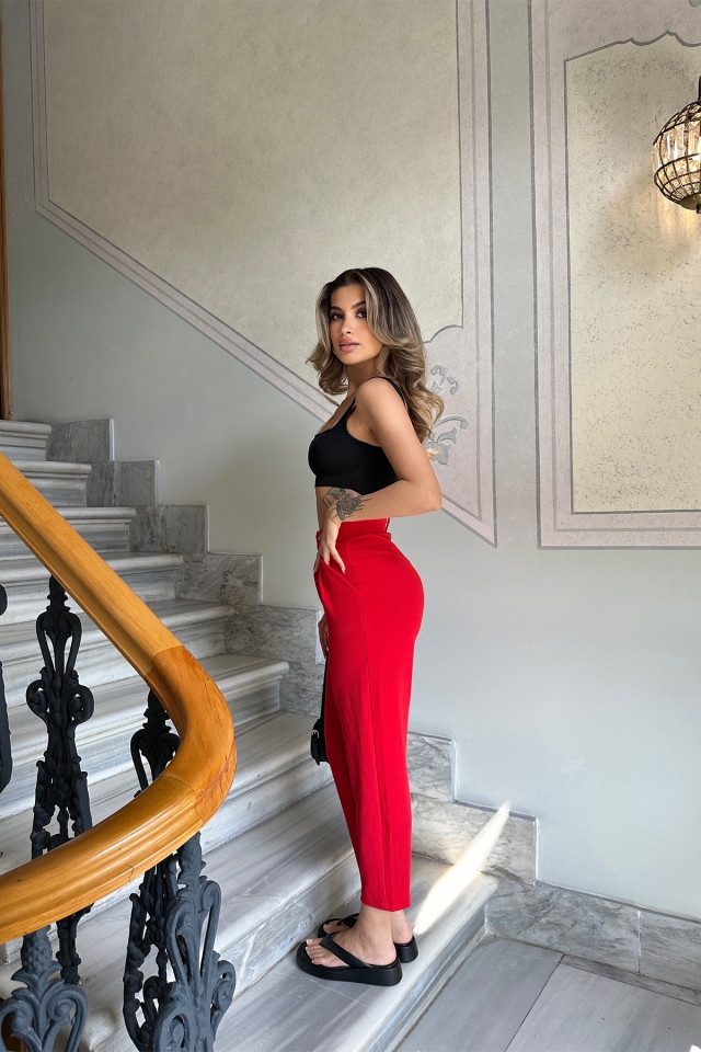Kırmızı Yüksek Bel Mom Pantolon ATE6293