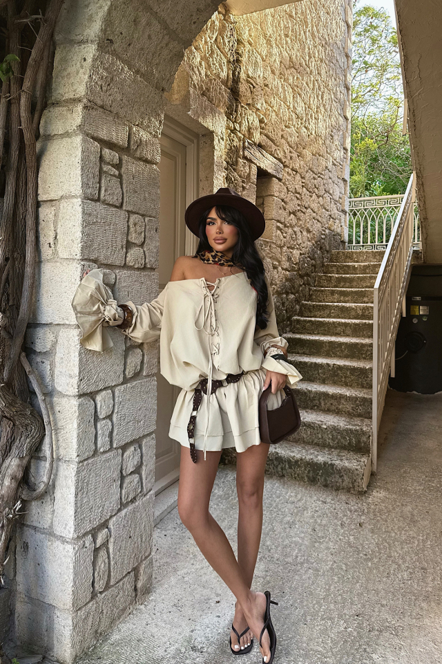 Krem Darcie Mini Elbise ATE-2410 - EYYO