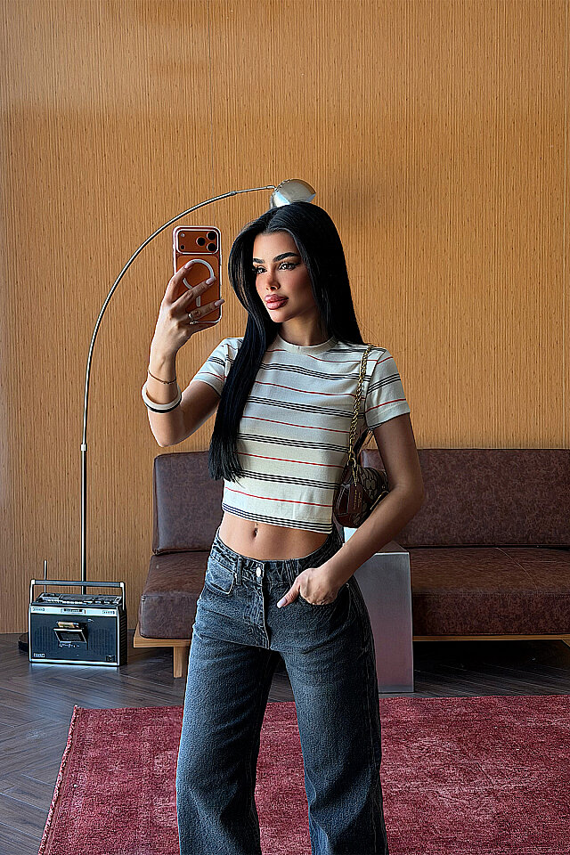 Krem Çizgili Crop Top