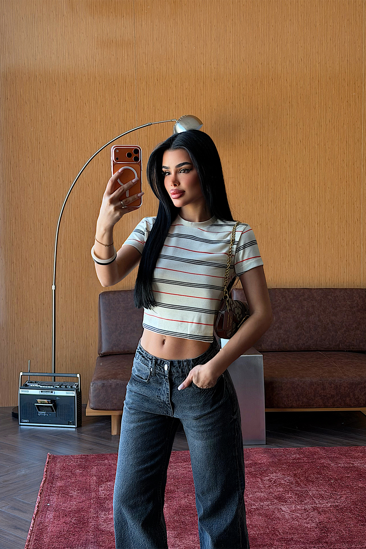 Krem Çizgili Crop Top ATE-5499