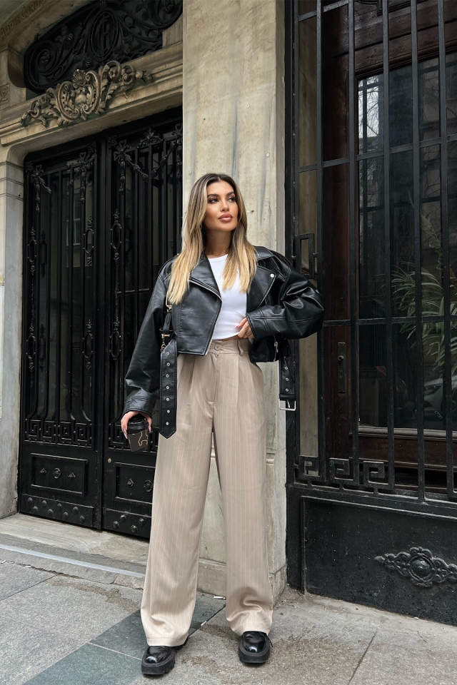 Krem Çizgili Palazzo Pantolon ATE4235 - EYYO