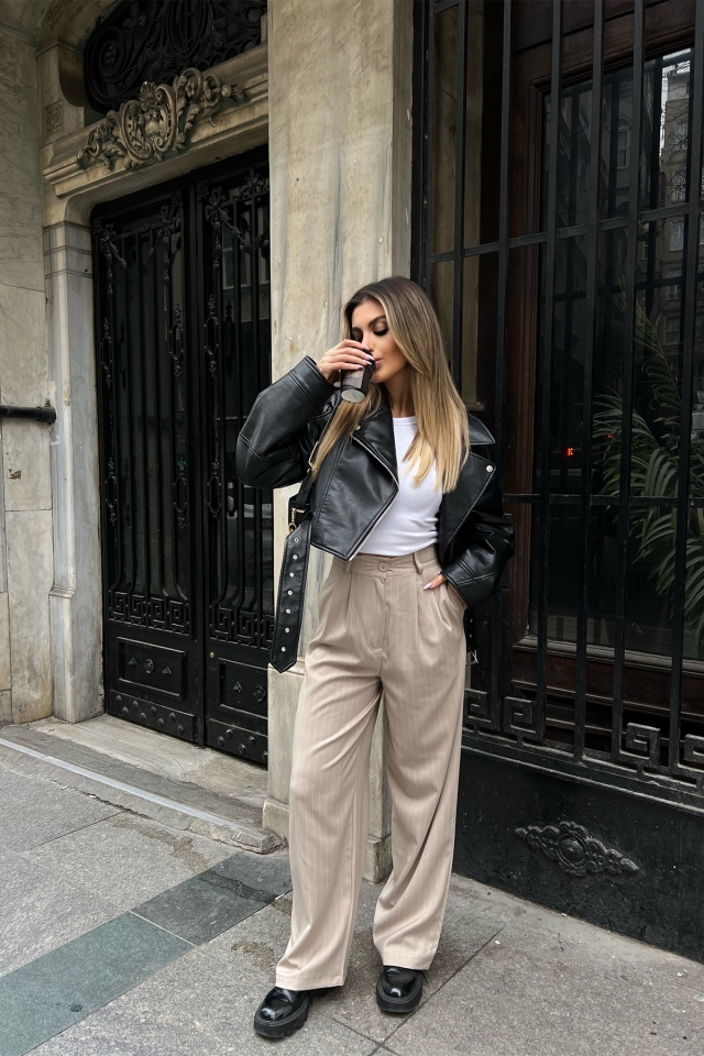 Krem Çizgili Palazzo Pantolon ATE4235