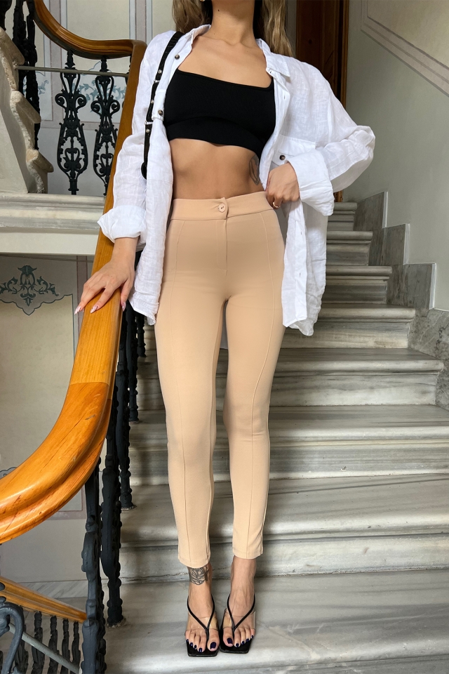 Krem Dikiş Detay Dar Pantolon ATE4373