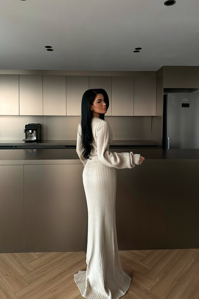 Krem Ophelie Triko Elbise
