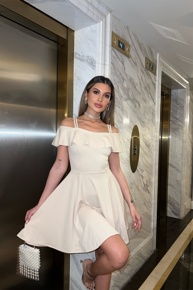 Krem Düşük Kol Mini Elbise ATE4685