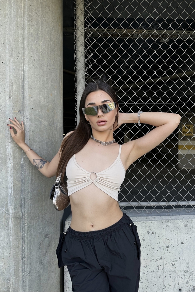 Krem Halka Detay Crop Top