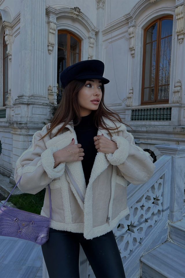 Krem Kontrast Yünlü Mont ATE2627 - EYYO