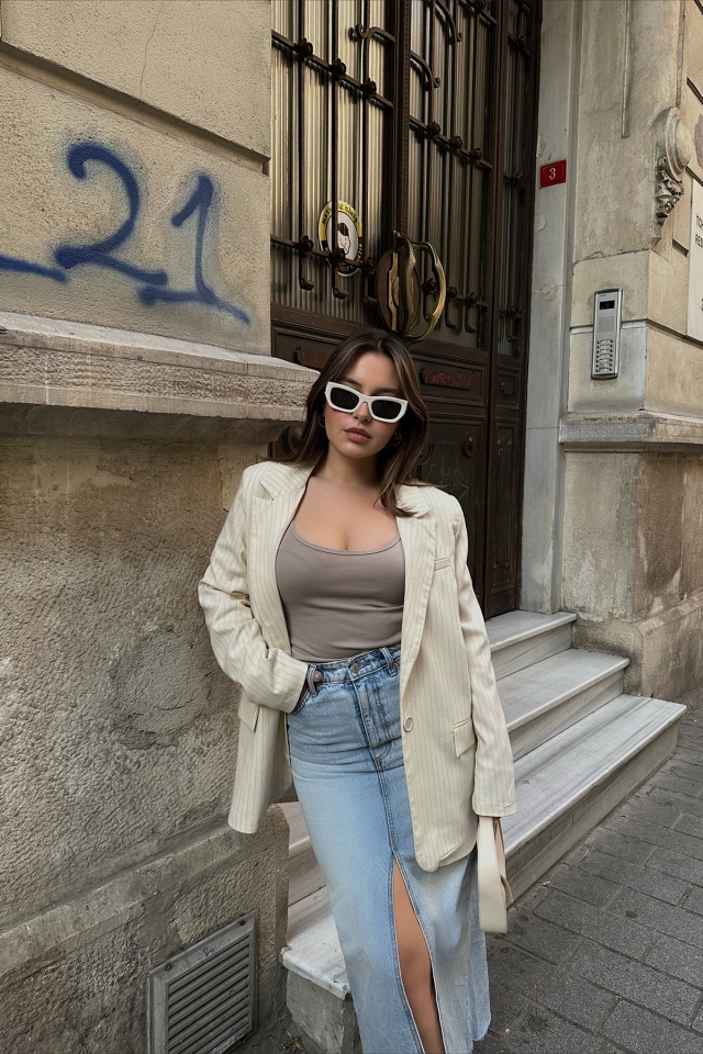 Krem Kruvaze Yaka Ceket ATE6658 - EYYO